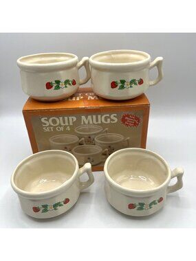 Devine Earthenware Soup Mugs Quiet Berry Strawberry Set of 4 Vintage 1990s